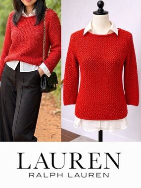 146 Lauren Ralph | EUC Hand Knit Red Sweater 100% Cotton (size S)